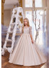 Elbow Sleeves Beaded Champagne Lace Satin Flower Girl Dress